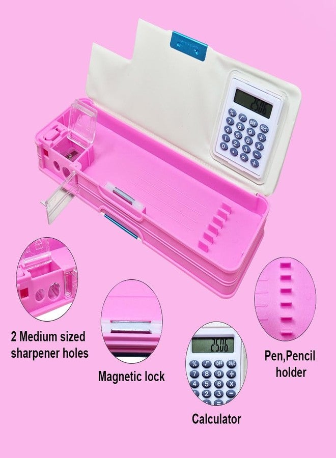 SIDAK Plastic Unicorn Printed Pencil Box With Calculator, Dual Sharpener, Pen & Pencil Holder, Magnetic Door Closure And Birthday Party Return Gift For Kids.Calculator Pencil Box,(Pink) - Image 2